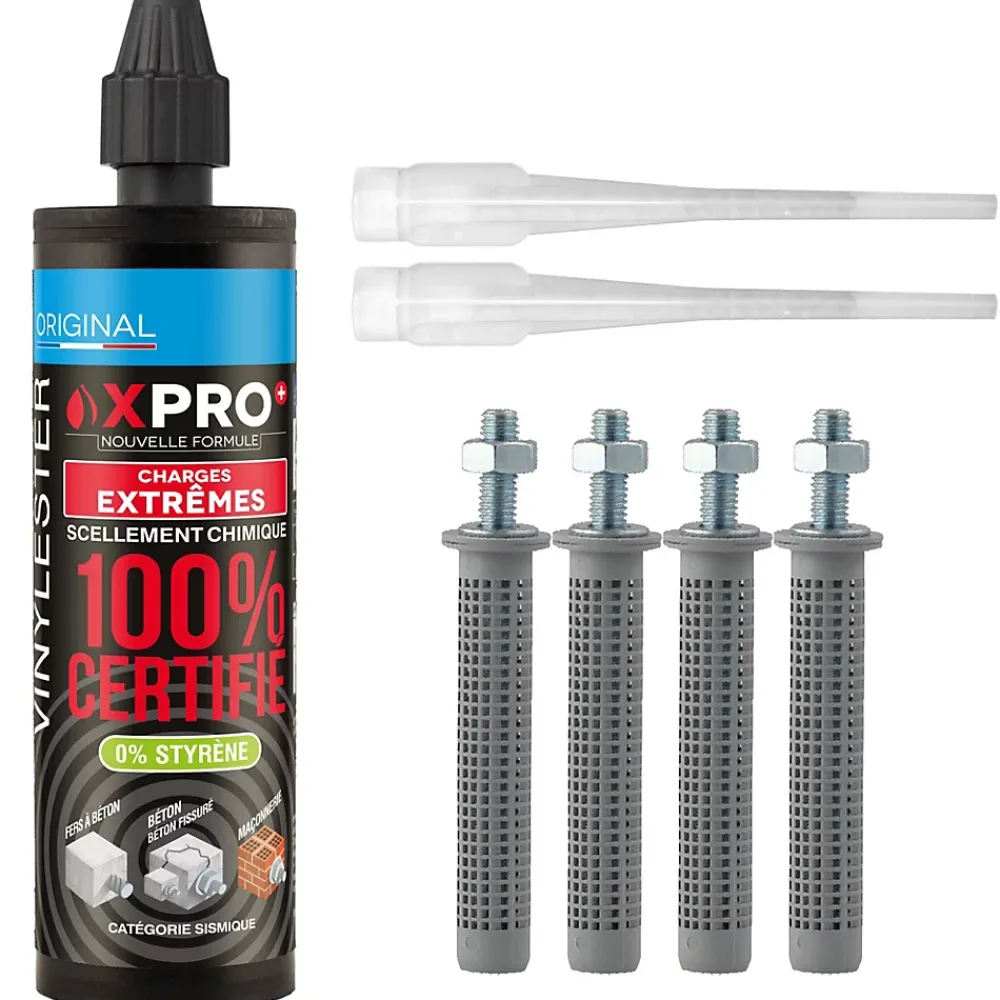 Scell-It SCELL IT Kit Résine X PRO 160ml Ton Béton Avec 4 Tiges Acier M8 Et 4 Tamis Scellement Chimique Professionnel