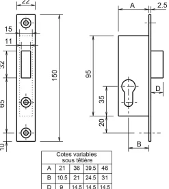 Metalux Serrure monopoint à larder profil étroit pêne dormant seul petit coffre Série 14 largeur 21mm - - F114210000