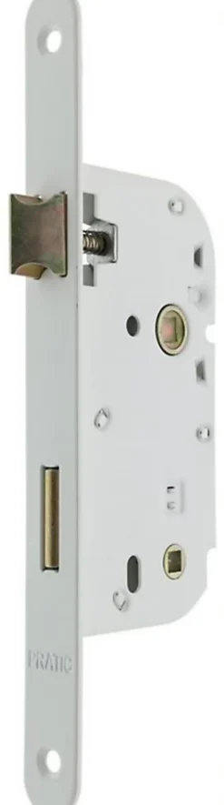 Bricard Serrure De Porte-Serrure à mortaiser bec de cane à condamnation pour porte de salle de bains ou toilettes, axe 50 mm, carré de 7, coloris blanc. Bouts ronds.