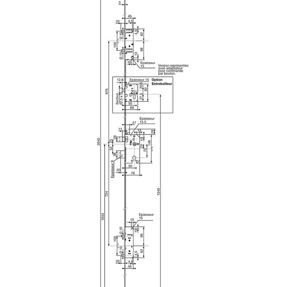 Vachette Loquet, Targette Et Moraillon De Porte-Serrure multipoints à larder 5 points 5900 SPN1 TRILOCK à entrebâilleur ecartement de pêne 100mm bout carré - - 15621000