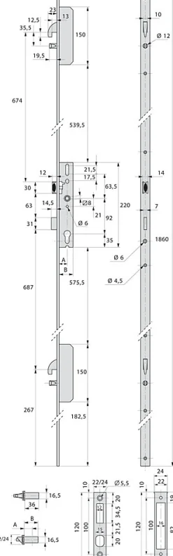 Stremler Assa Abloy Loquet, Targette Et Moraillon De Porte-Serrure 3 points TF3 à pêne crochet et pêne dormant de coffre 45mm têtières en U 24x6mm - STREMLER - 6470.45.0B