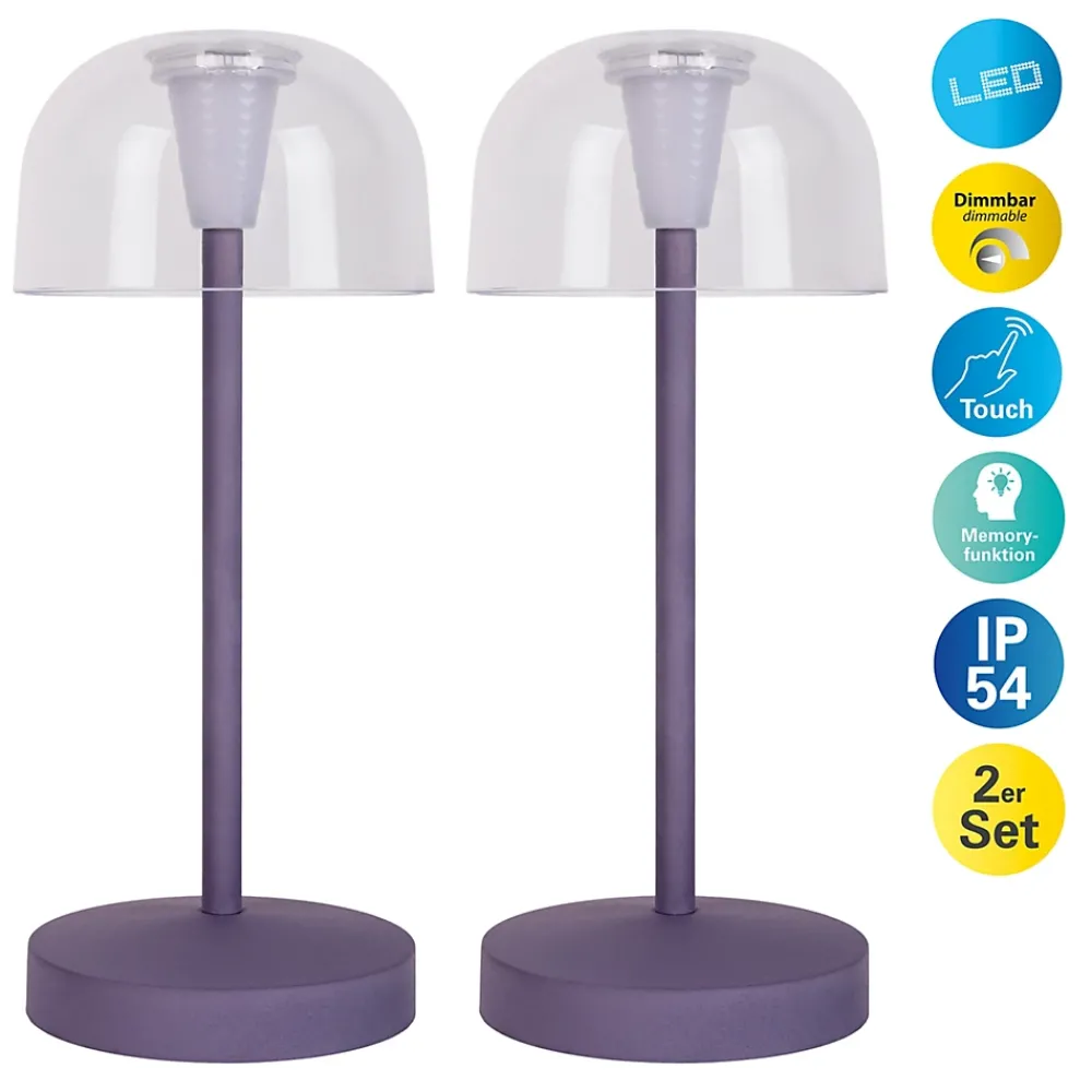 Näve Set de 2 lampes de table LED rechargeables Gomba extérieur intérieur métal plastique couleur mûre hauteur 18,5cm