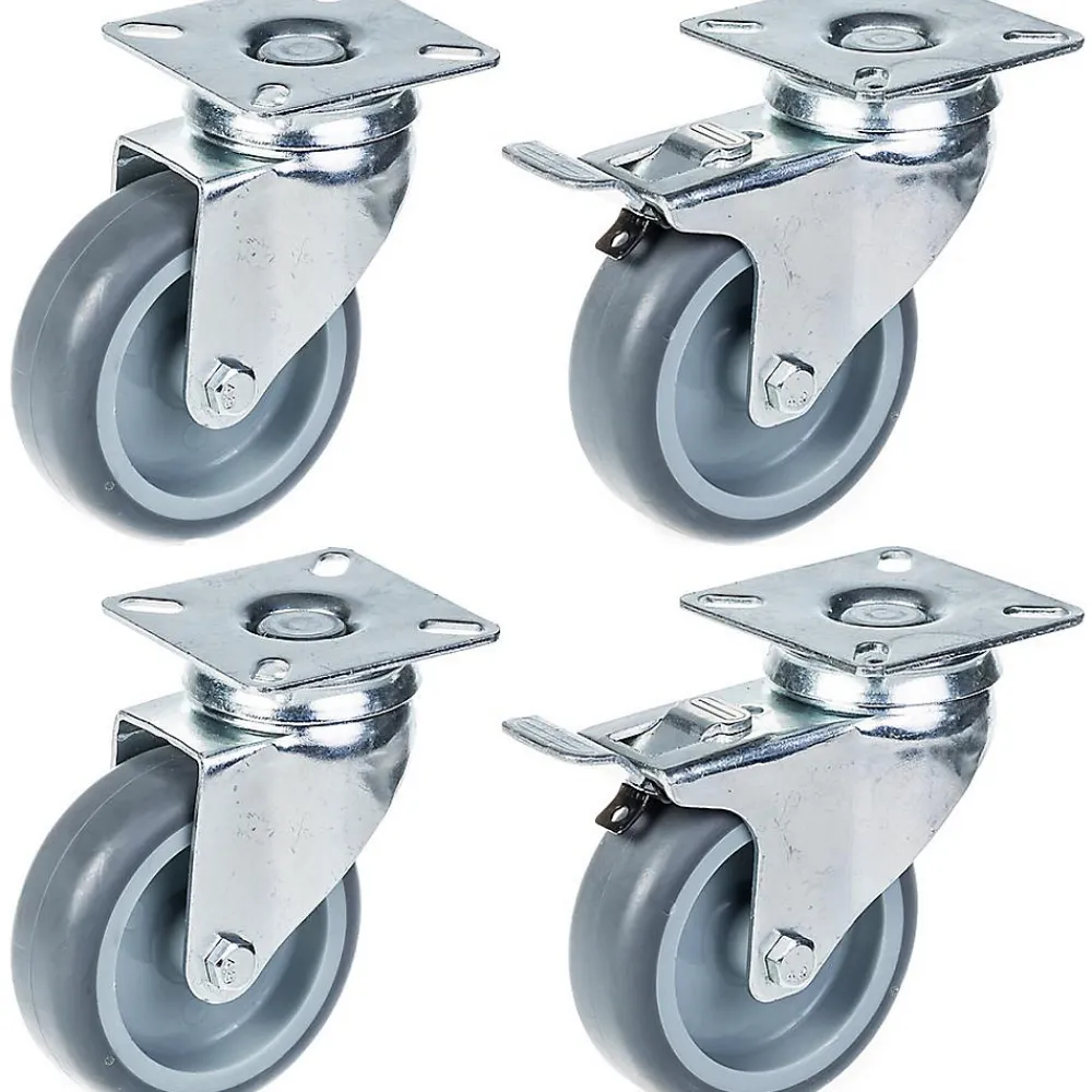 Parnells Set de 4 - 75mm GREY RUBBER SWIVEL CASTOR 70Kg (2pc) & 75mm GREY RUBBER BRAKE CA
