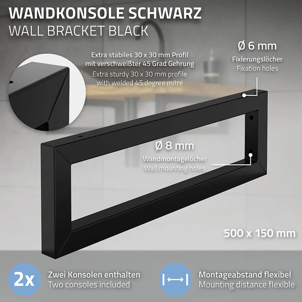 Ml-Design Equerre De Fixation-Set de 2x consoles murales support d'étagères en acier noir mat 500x150x30 mm
