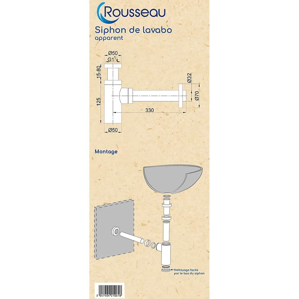 Rousseau Siphon de lavabo réglable laiton brossé 70mm