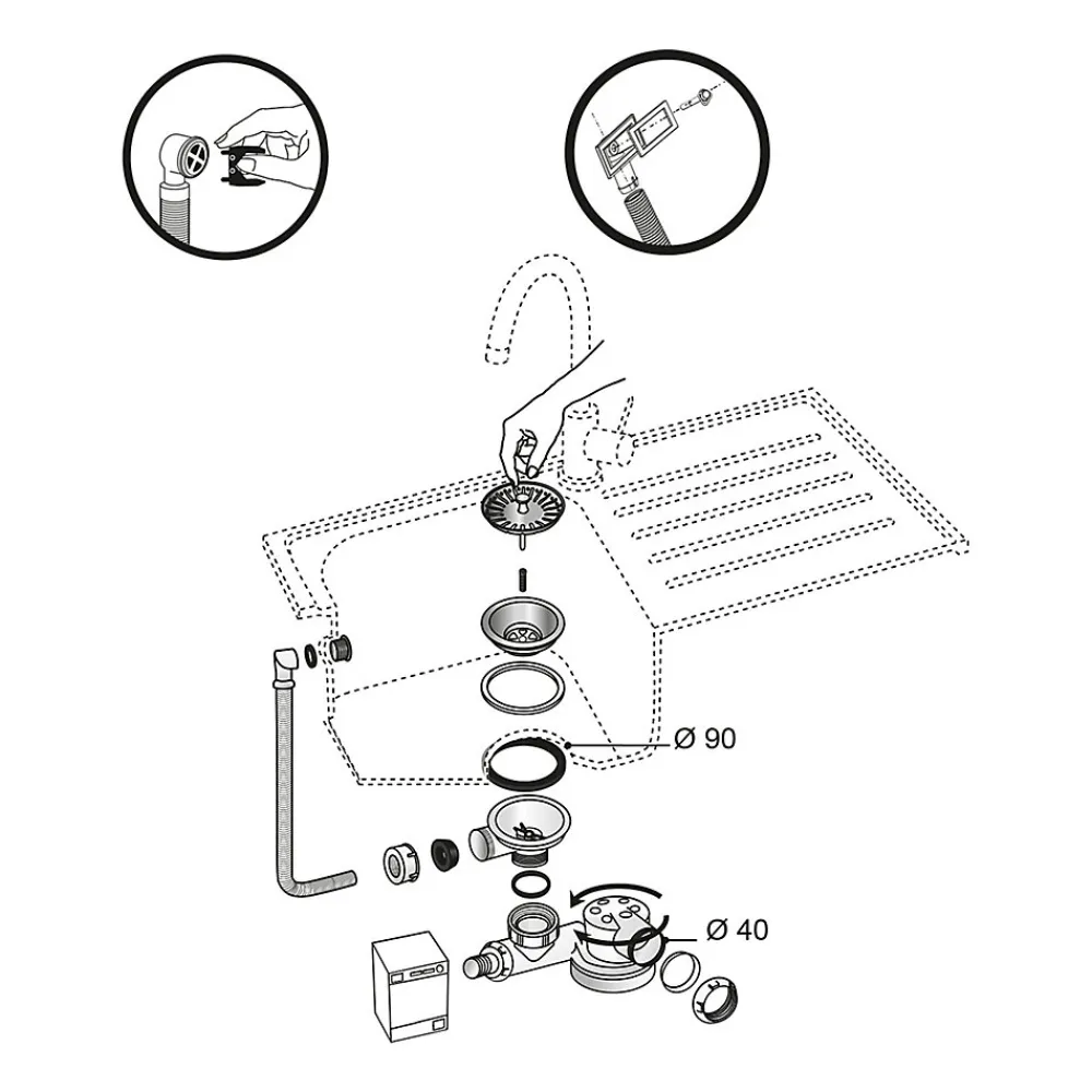Wirquin Evacuation D'Évier|Siphon Pour Évier-Siphon extra-plat réglable blanc 90mm avec bouchon et trop-plein