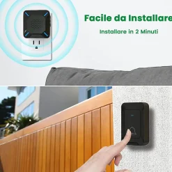 Deko Sonnette Et Carillon-Sonnette extérieure sans fil étanche, voyant LED, portée 300 m, volume réglable sur 5 niveaux, 58 sonneries (noir)