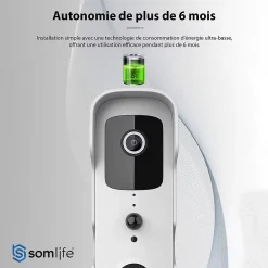 Somlife Visiophone-Sonnette portier HD app tuya smart life autonome sans fils alerte direct smartphone, vision nocture carillon fourni
