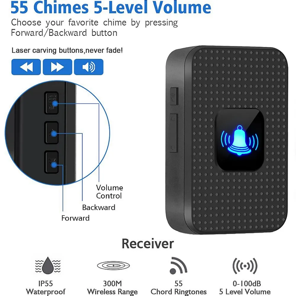 Deko Sonnette sans fil, sonnette électronique d'extérieur étanche IP55, portée 300 m, 38 mélodies, 5 niveaux de volume, noire