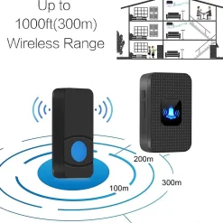 Deko Sonnette sans fil, sonnette électronique d'extérieur étanche IP55, portée 300 m, 38 mélodies, 5 niveaux de volume, noire