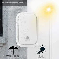 Deko Sonnette sans fil étanche IP68, auto-alimentée, portée de 100 m, blanche