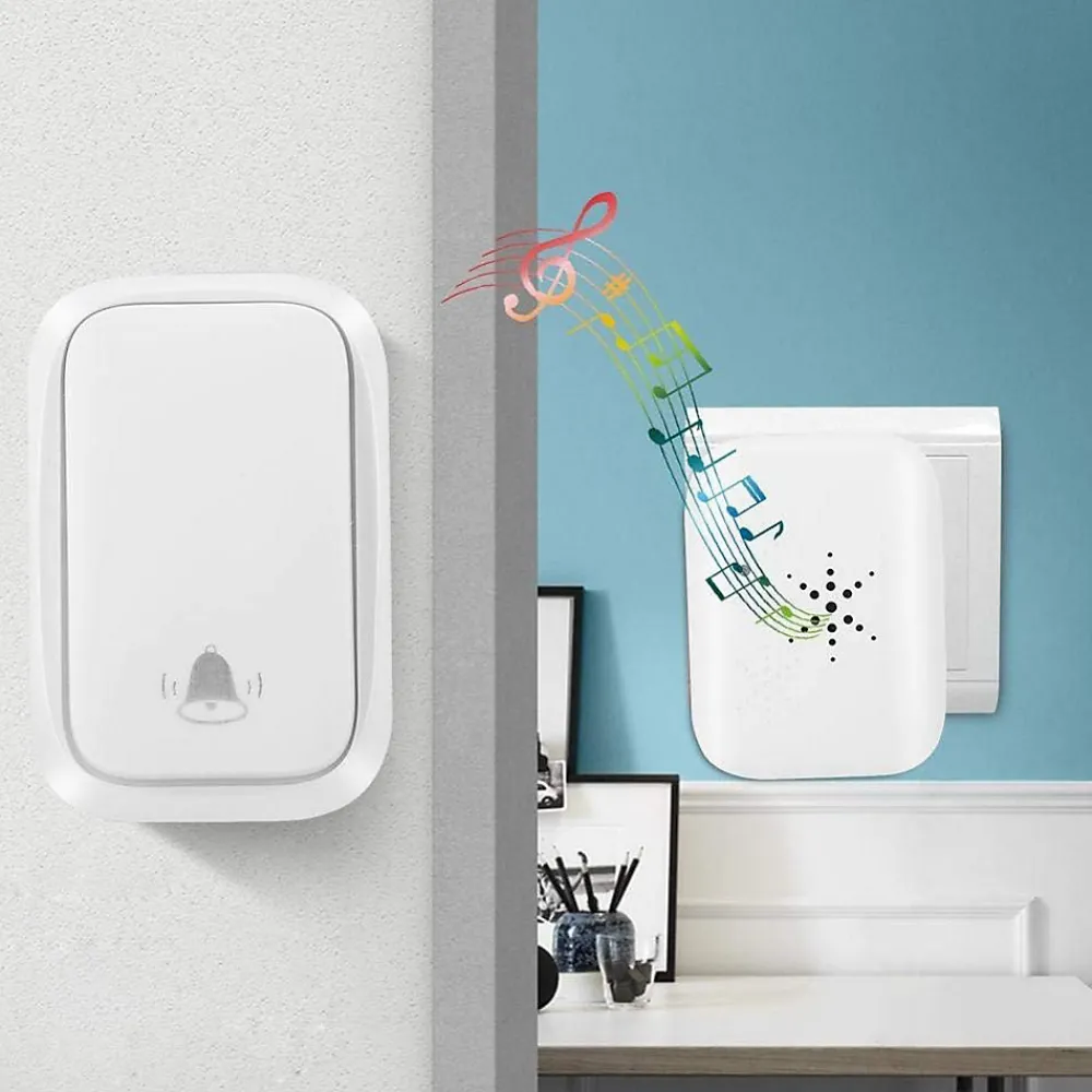 Deko Sonnette sans fil étanche IP68, auto-alimentée, portée de 100 m, blanche