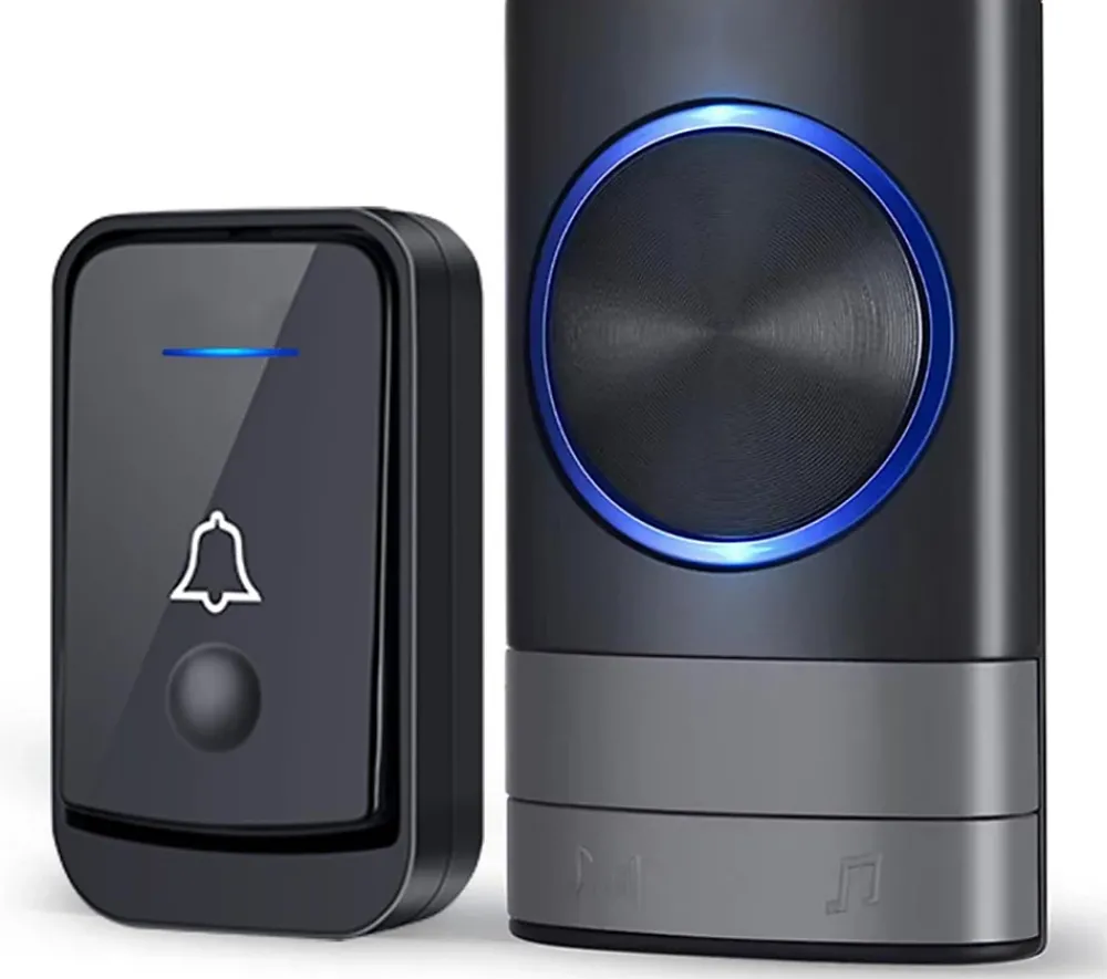 Deko Sonnette Et Carillon-Sonnette sans fil, étanche IP44, portée 400 m, 52 mélodies, 4 niveaux de volume, voyant LED bleu (noir)