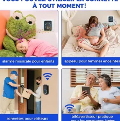 Deko Sonnette sans fil étanche - Portée 300 m - 60 mélodies - Pour jardin, maison, bureau