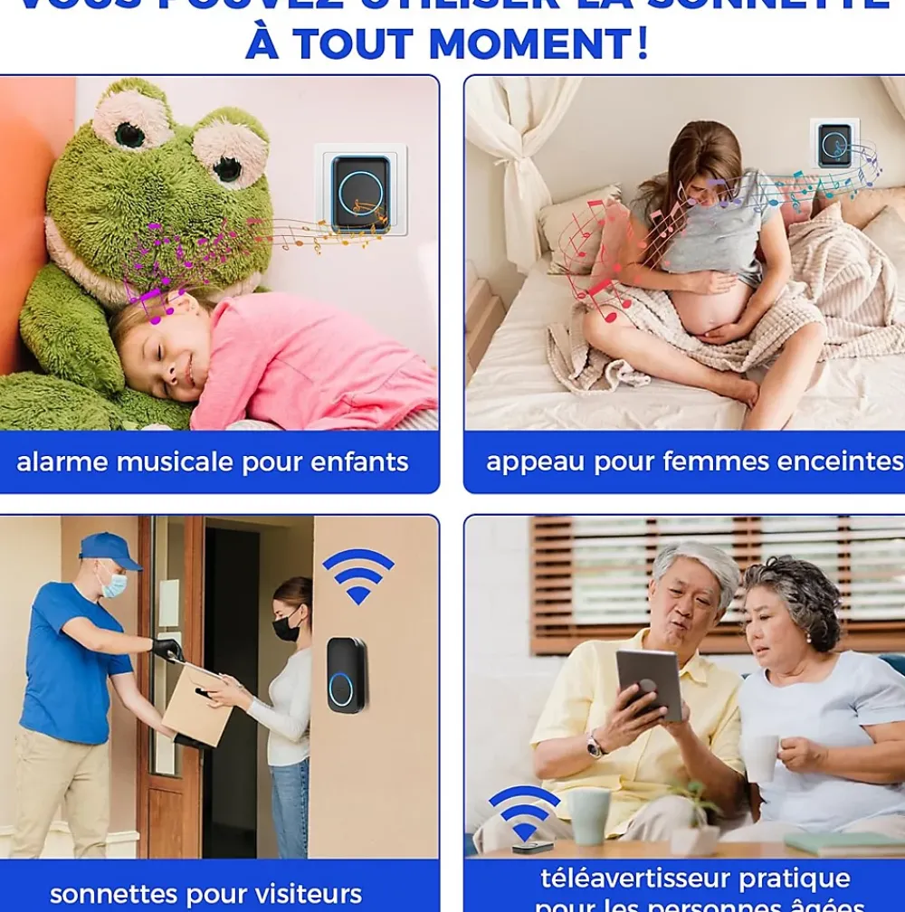 Deko Sonnette sans fil étanche - Portée 300 m - 60 mélodies - Pour jardin, maison, bureau