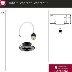 Paulmann Boîte De Dérivation-Spot encastré Kit de 10 fixe rond 90mm GU10 max. 10x10W 230V gradable Noir