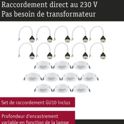 Paulmann Spot encastré Kit de 10 orientable rond 90mm 30 GU10 max. 10x10W 230V gradable Blanc