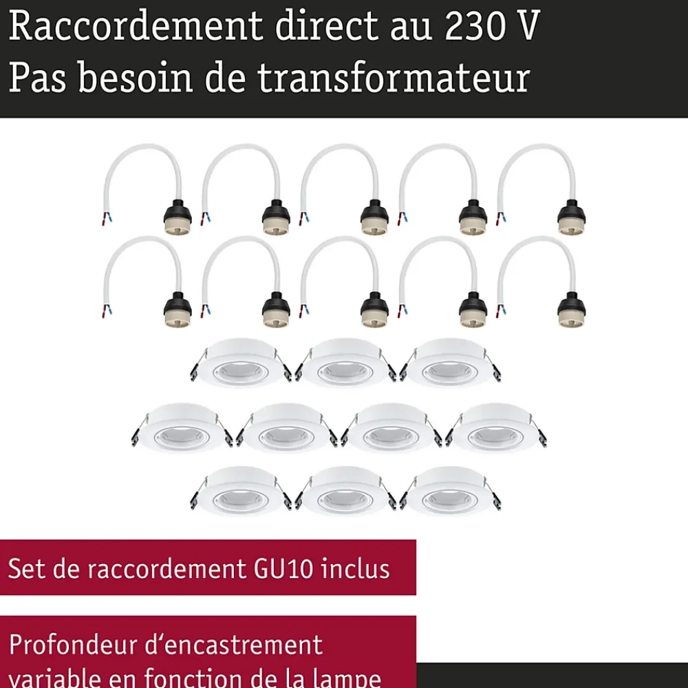 Paulmann Spot encastré Kit de 10 orientable rond 90mm 30 GU10 max. 10x10W 230V gradable Blanc