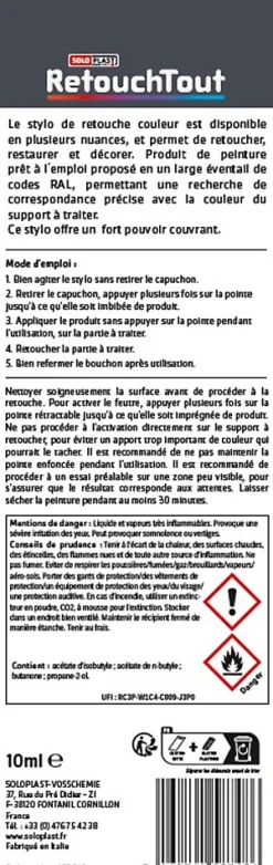 Soloplast Mastic, Cartouche Joint Et Silicone-Stylo retouche multisupports coloris noir brillant RAL9005 10ml