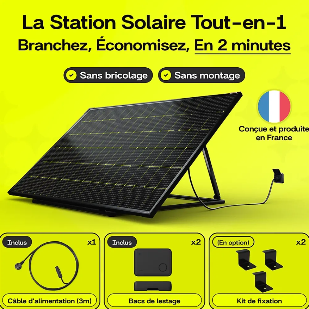 Sunology Panneau Solaire Plug And Play-PLAY2, Kit 4 panneaux solaires complet 1840W bifacial, 4 Stations solaire livrées assemblées, Installation sol ou mur