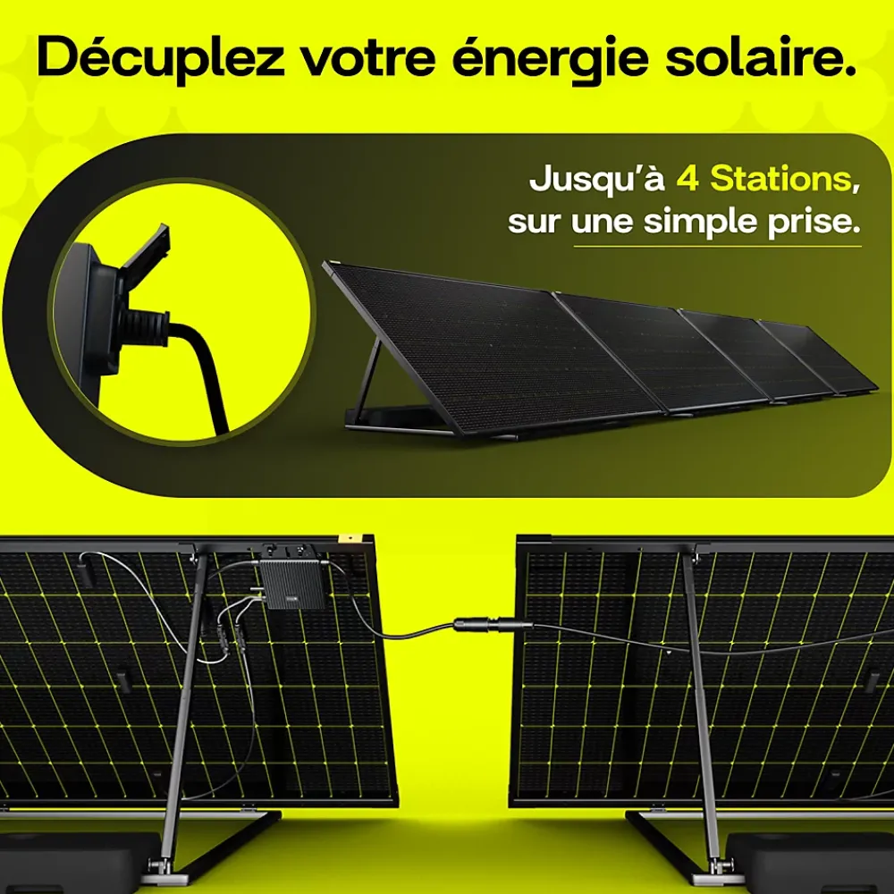 Sunology Panneau Solaire Plug And Play-PLAY2, Kit 4 panneaux solaires complet 1840W bifacial, 4 Stations solaire livrées assemblées, Installation sol ou mur