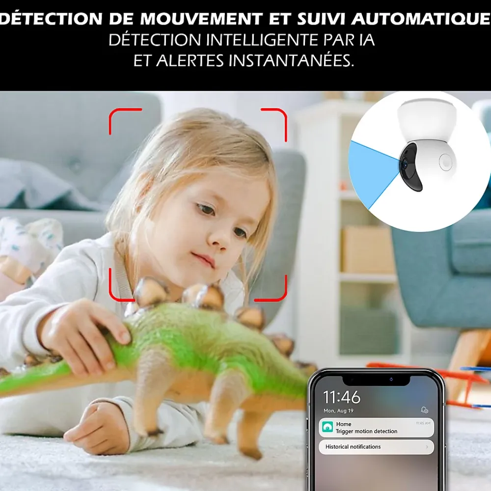 Kyf Alarme Sans Fil-Système d'alarme étendu connecté Caméra rotative 4MP avec Sirène intégrée
