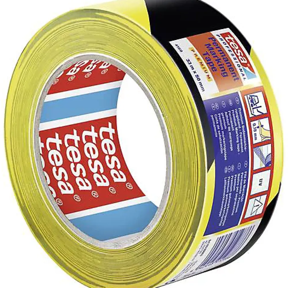 Tesa PREMIUM 04169-00063-93 Ruban de marquage au sol 50 mm x 33 m noir/jaune, PVC souple, adhésif acrylique