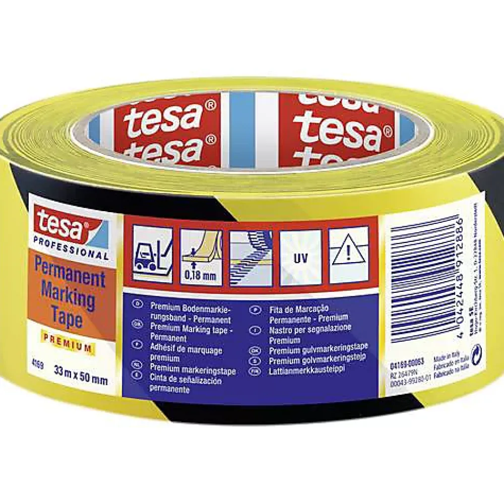 Tesa PREMIUM 04169-00063-93 Ruban de marquage au sol 50 mm x 33 m noir/jaune, PVC souple, adhésif acrylique
