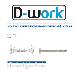D-Work 50 Tirefonds Bois Tête Hexagonale 10 x 60 mm - DIN 571 - Inox A4 -