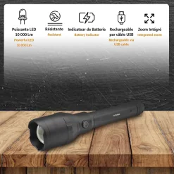 Fishtec Torche Ultra Power 10000 Lumens LED COB Faisceau 300 m Aluminium Rechargeable 4 Modes Zoom
