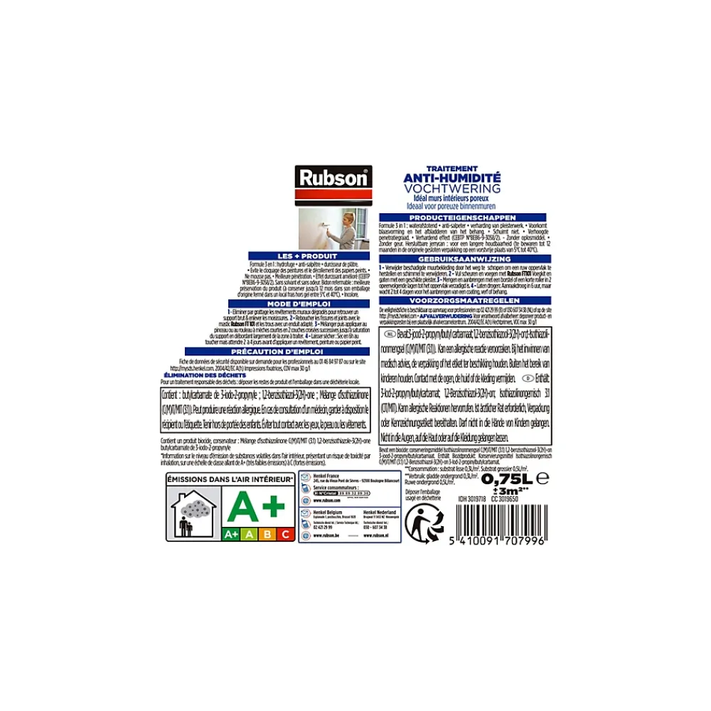 Rubson Etanchéité Du Mur Intérieur-Traitement Murs Humides incolore bidon 0,75L