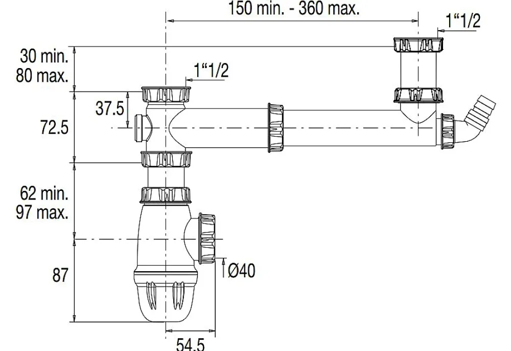 Valentin Evacuation D'Évier-Tubulure pour évier 2 cuves entraxe 160 à 360mm avec prise MAL et siphon - - 00 778100 001 00