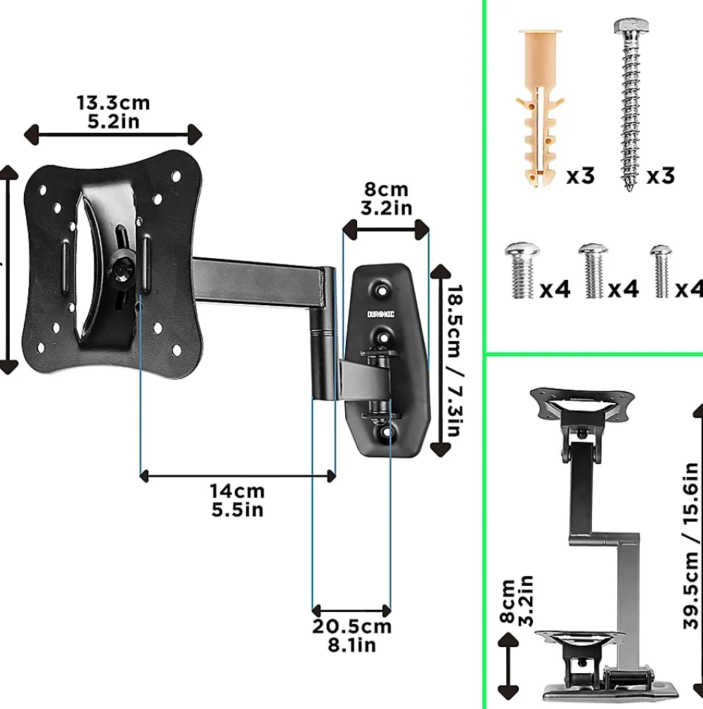 Duronic TVB0920 Support TV mural pour écran de 13 à 30 pouces Pivotant Inclinable Charge max 18 kg VESA 50 100 Télé LED LCD OLED