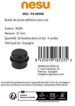 Nesu 4 Un. Butée de porte adhésive en bois laqué noir - Diamètre 37MM