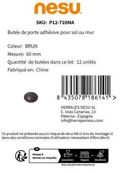 Nesu 12 Un. Butée de porte adhésive en caoutchouc pour parquet et mur de couleur marron - Diamètre 60MM