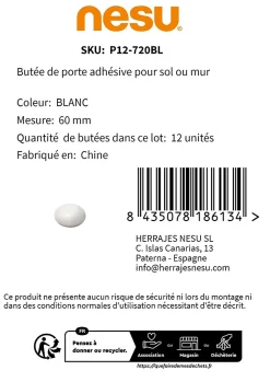 Nesu 12 Un. Butée de porte en caoutchouc adhésif pour parquet et mur, blanc - Diamètre 60MM
