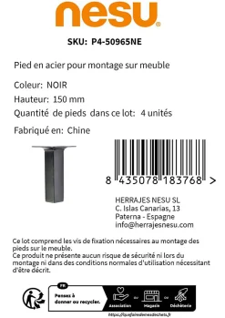 Nesu Pied De Meuble-4 un. Pied carré pour meuble en acier 25x25mm hauteur 150mm peinture noire avec embout