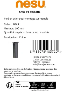 Nesu Pied De Meuble-4 un. Pied carré pour meuble en acier 25x25mm hauteur 100mm peinture noire avec embout