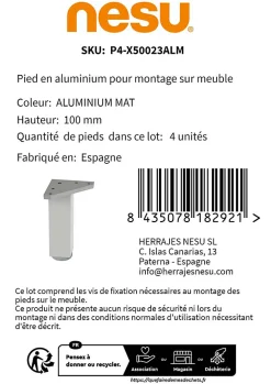 Nesu Pied De Meuble-4 un. Pied carré pour meuble en aluminium 40x40mm hauteur 100mm aluminium mat avec régulateur de nivellement