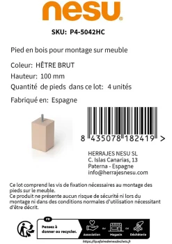 Nesu 4un. Pied de meuble en bois de hêtre naturel non verni. Forme carrée hauteur 100 mm