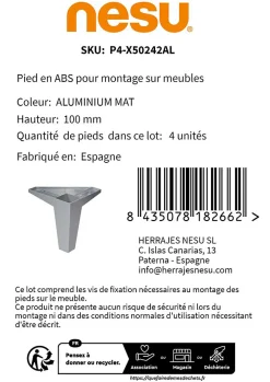 Nesu Pied De Meuble-4un. Pied de meuble incliné scandinave pied nordique en résine plastique ABS ANTI-HUMIDITÉ couleur aluminium mat. Hauteur 100mm