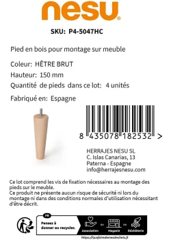 Nesu 4un. Pied de meuble nordique pied conique en bois de hêtre naturel non vernis. Hauteur 150mm