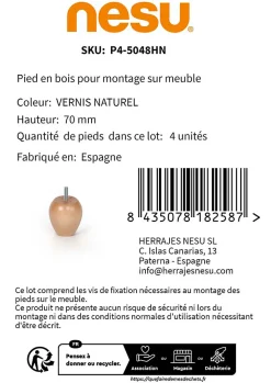 Nesu Pied De Meuble-4un. Pied de meuble pied de canapé en bois de hêtre laqué vernis mat naturel. Hauteur 70mm