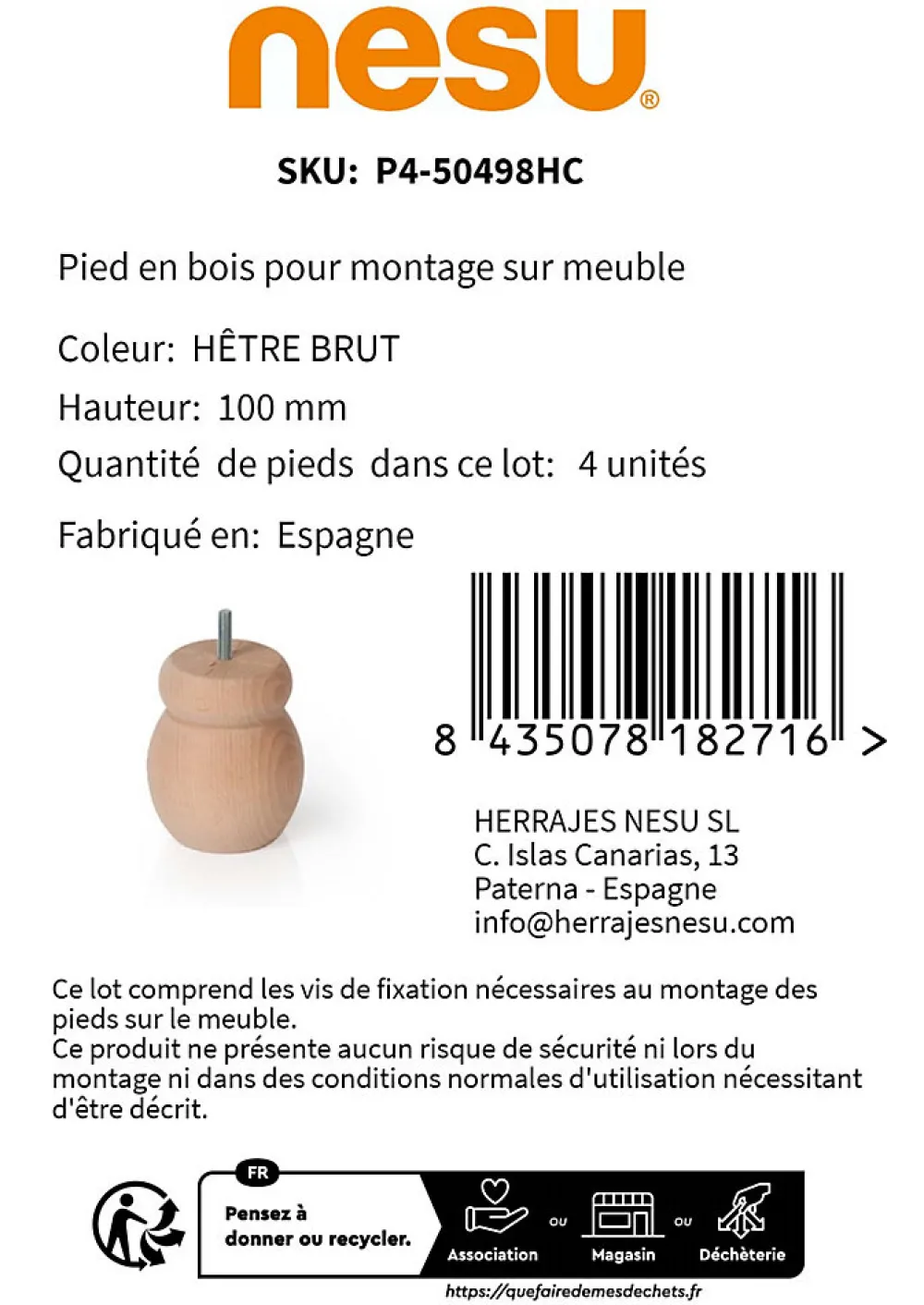 Nesu Pied De Meuble-4un. Pied de meuble pied de canapé en bois de hêtre naturel non verni. Hauteur 100mm