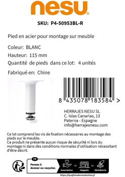 Nesu Pied De Meuble-4 un. Pied de meuble rond en acier, diamètre 30 mm, hauteur 100 mm, peinture blanche avec régulateur de nivellement 15-25 mm