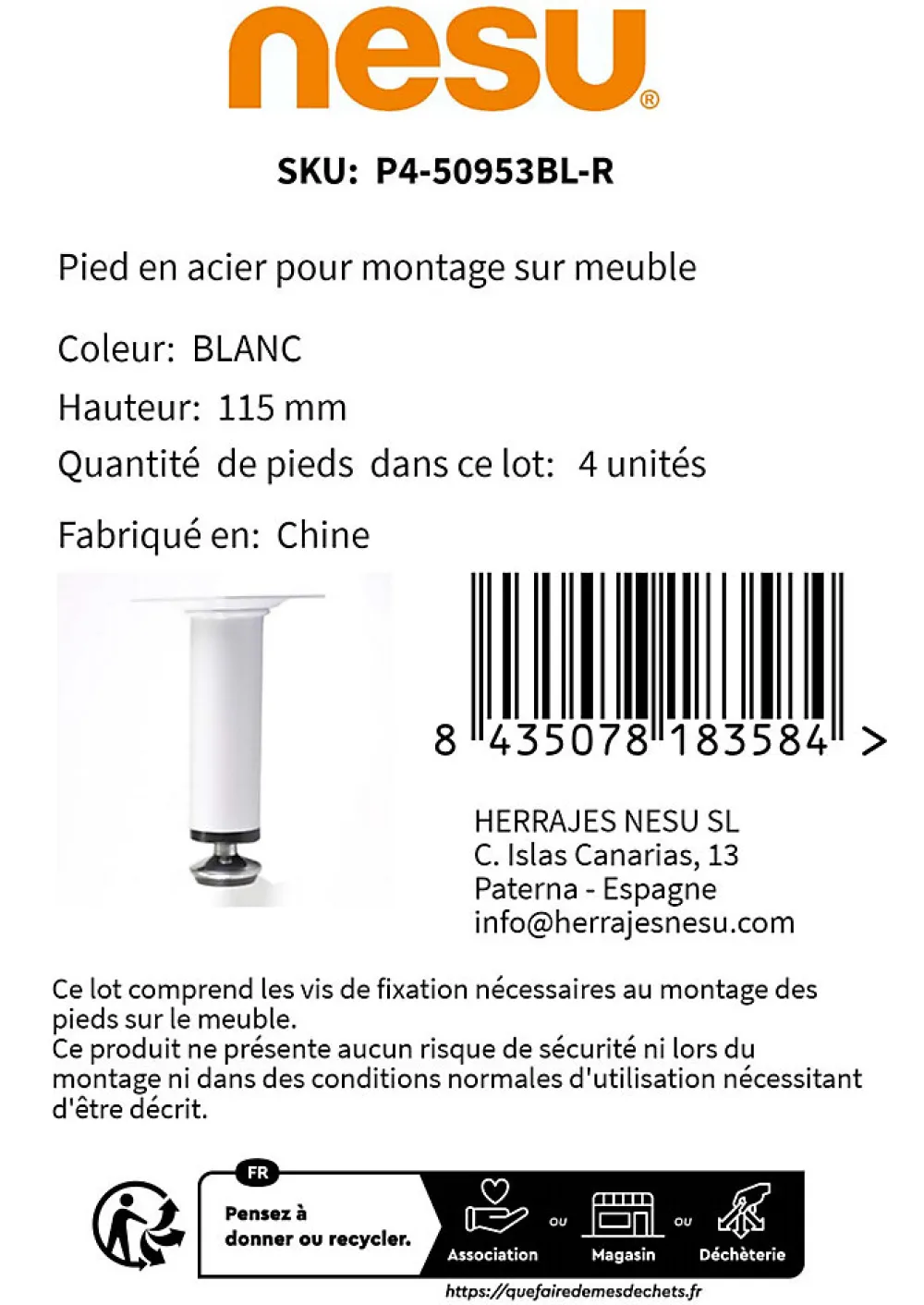 Nesu Pied De Meuble-4 un. Pied de meuble rond en acier, diamètre 30 mm, hauteur 100 mm, peinture blanche avec régulateur de nivellement 15-25 mm