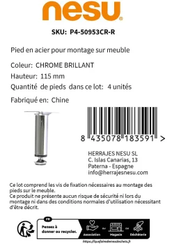 Nesu 4 un. Pied de meuble rond en acier diamètre 30mm hauteur 100mm chromé avec régulateur de nivellement 15-25mm