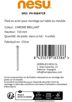 Nesu 4 un. Pied de table rond en acier, diamètre 60 mm, hauteur 710 mm, chromé avec régulateur de niveau