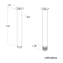 Nesu 4 un. Pied de table rond en acier, diamètre 60 mm, hauteur 710 mm, chromé avec régulateur de niveau