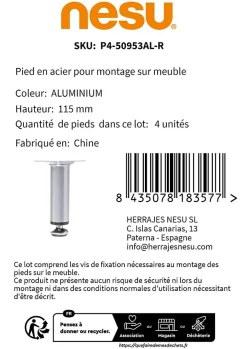 Nesu Pied De Meuble-4 un. Pied rond pour meuble en acier, diamètre 30 mm, hauteur 100 mm, peinture aluminium avec régulateur de nivellement 15-25 mm